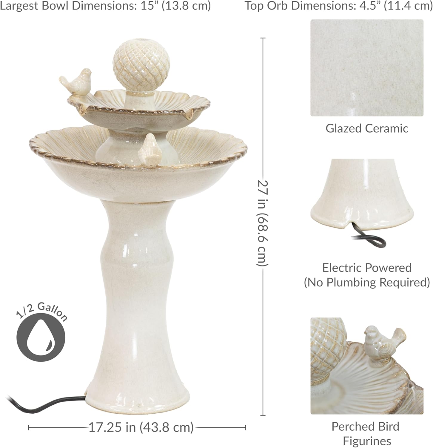 Sunnydaze 27' H 2-Tier Ceramic Water Fountain - Outdoor Water Feature for Patio, Yard, Balcony - Garden Fountain - White