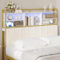 Hzuaneri Headboard with 3-Tier Storage Shelves, Velvet Upholstered Head Board with 2 Outlets, USB Ports & LED Light, Soft Backrest for Queen Size Bed, White and Gold BH15203AV1