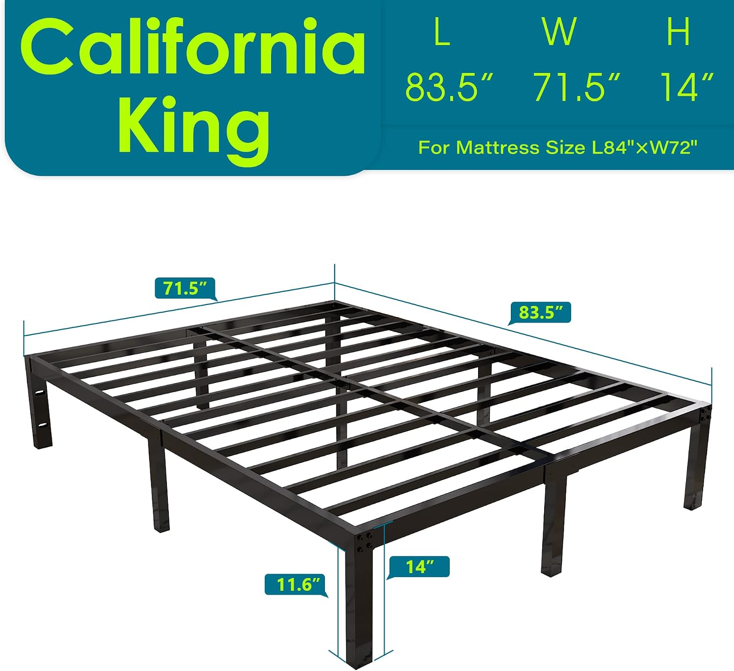 yookare 14 Inch 4000lbs Heavy Duty Support Basic Bed Frame/Mattress Foundation/Box Spring Replacement/Steel Slat Platform/Easy to Assemble/with Storage/Noise Free, Cal King