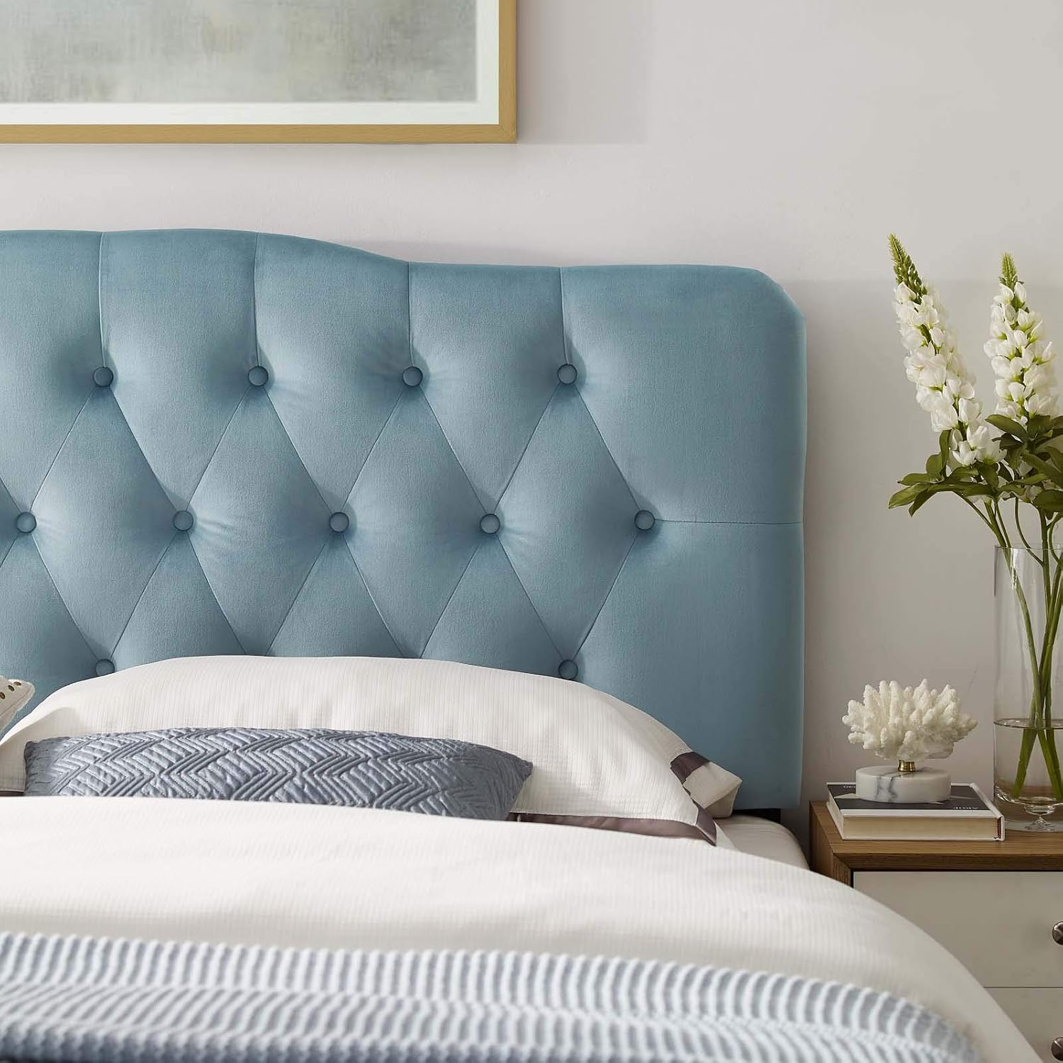 Modway Annabel Diamond Tufted Performance Velvet Full Headboard in Light Blue