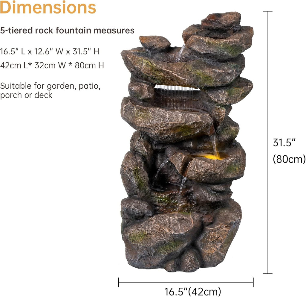 Ferrisland 31.5' Outdoor Rock Waterfall Fountain – 5-Tier Rustic Cascading Water Feature with LED Lights | Relaxing Flow & Ambient Glow for Garden, Patio, Yard | Stylish Home Decor Idea