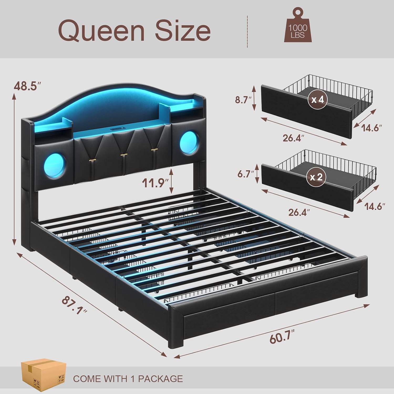 Queen Bed Frame with 6 Storage Drawers,Platform Bed Frame Queen Size with Headboard,LED Lights&Charging Station,Queen Bed with Metal Support, Noise-Free,No Box Spring Needed,Easy Assembly,PU Black