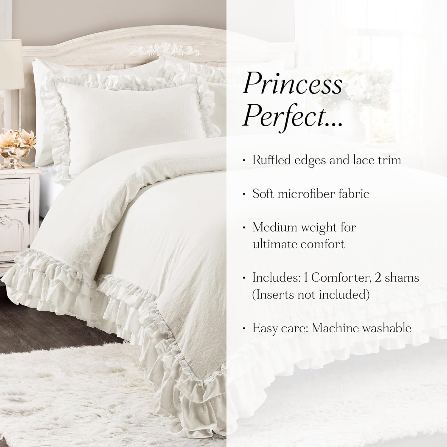 Lush Decor Ella Ruffle Lace Comforter, 3 Piece Set, Full/Queen, White - Cute Comforter - Queen Bedding Set - White Bedding Full Size - Coquette Decor - Ruffle Trim - Lace Trim