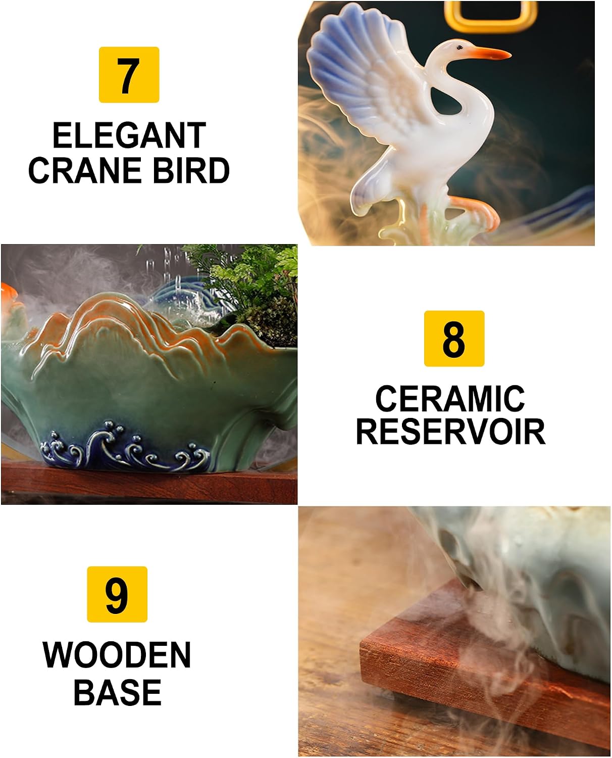 Crane Tabletop Indoor Fountain, Waterfall Fountain, Incense Burner, Feng Shui Decor for Good Luck Wealth, Ceramic Fountain with LED Light Zen Decor for Meditation Relaxation (Crane)