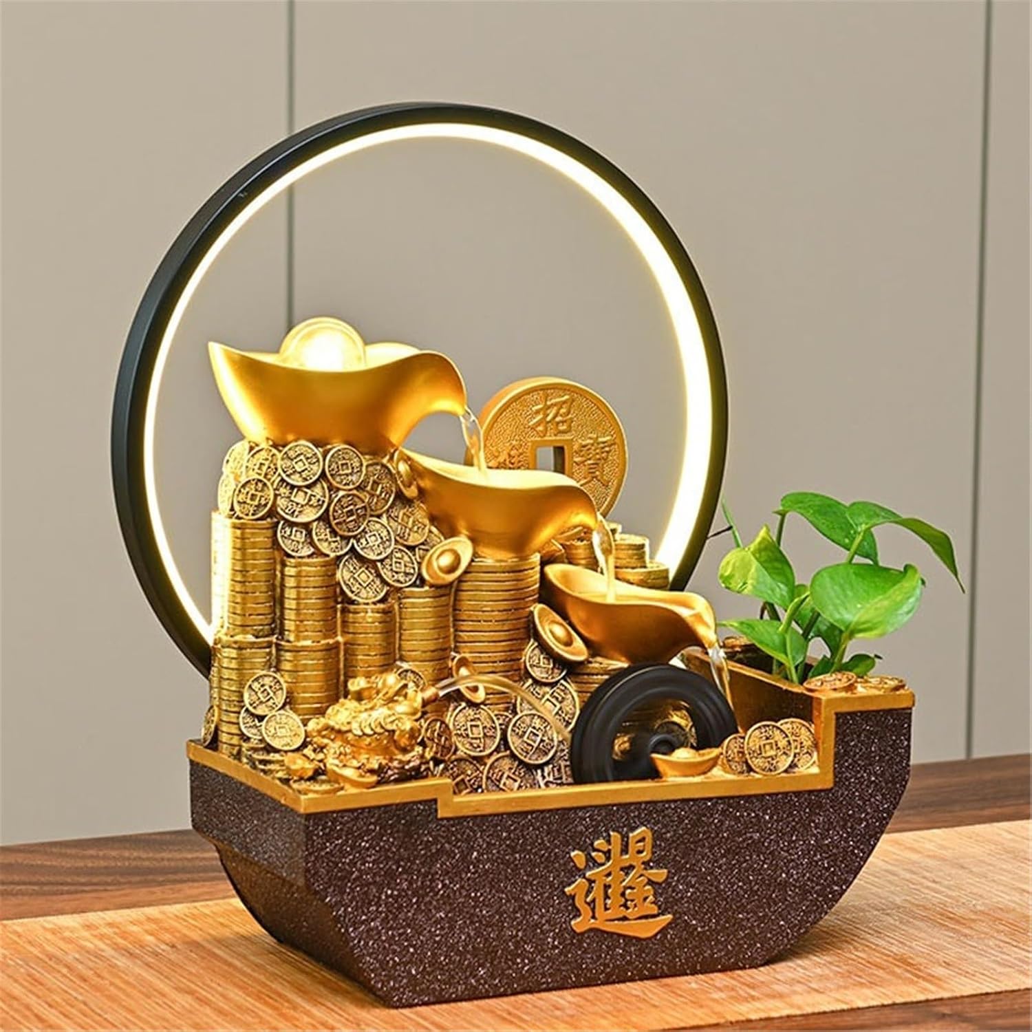 Tabletop Fountain Waterfall Indoor Tabletop Water Fountain, Chinese Style Flowing Ornaments with Feng Shui Wheel