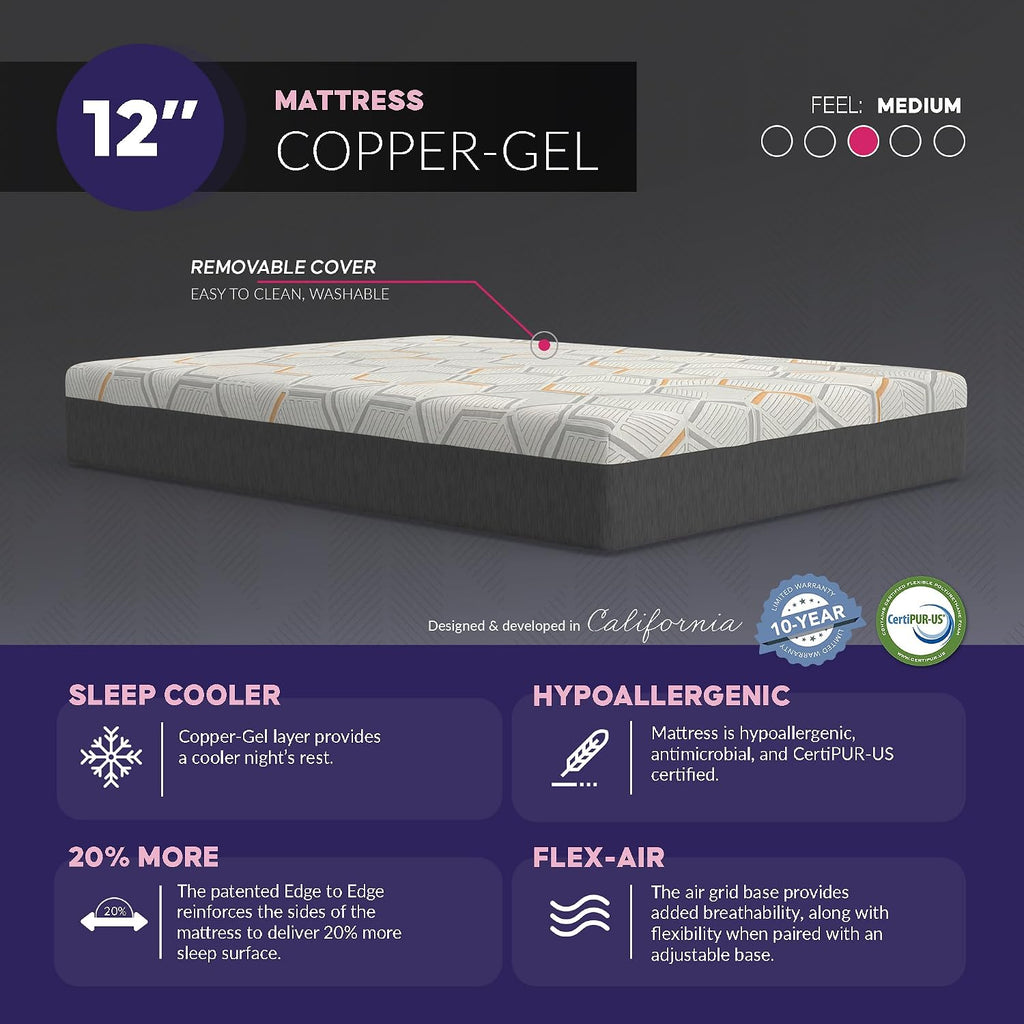 Blissful Nights e3 Adjustable Bed Frame and 12 Inch Split California King Copper Infused Cool Memory Foam Mattress Medium Firm Feel CertiPUR-US Certified (Split California King)