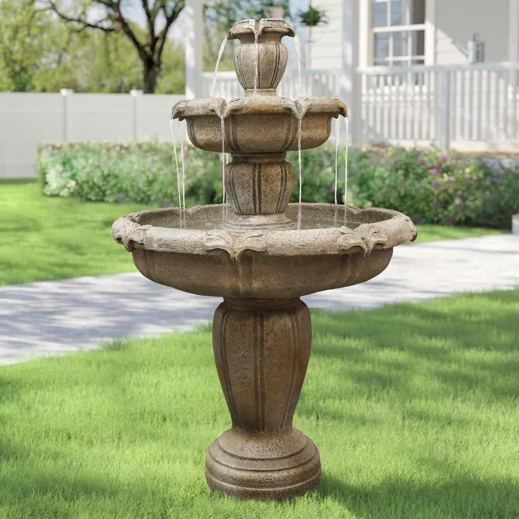 48' H Outdoor Floor Water Fountain, 3-Tiers Concrete Water Fountain with Submersible Electric Pump - Garden Cascading Waterfall for Yard Patio Lawn Home Decor