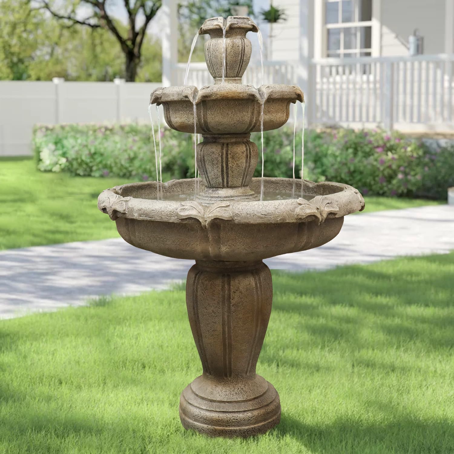48' H Outdoor Floor Water Fountain, 3-Tiers Concrete Water Fountain with Submersible Electric Pump - Garden Cascading Waterfall for Yard Patio Lawn Home Decor