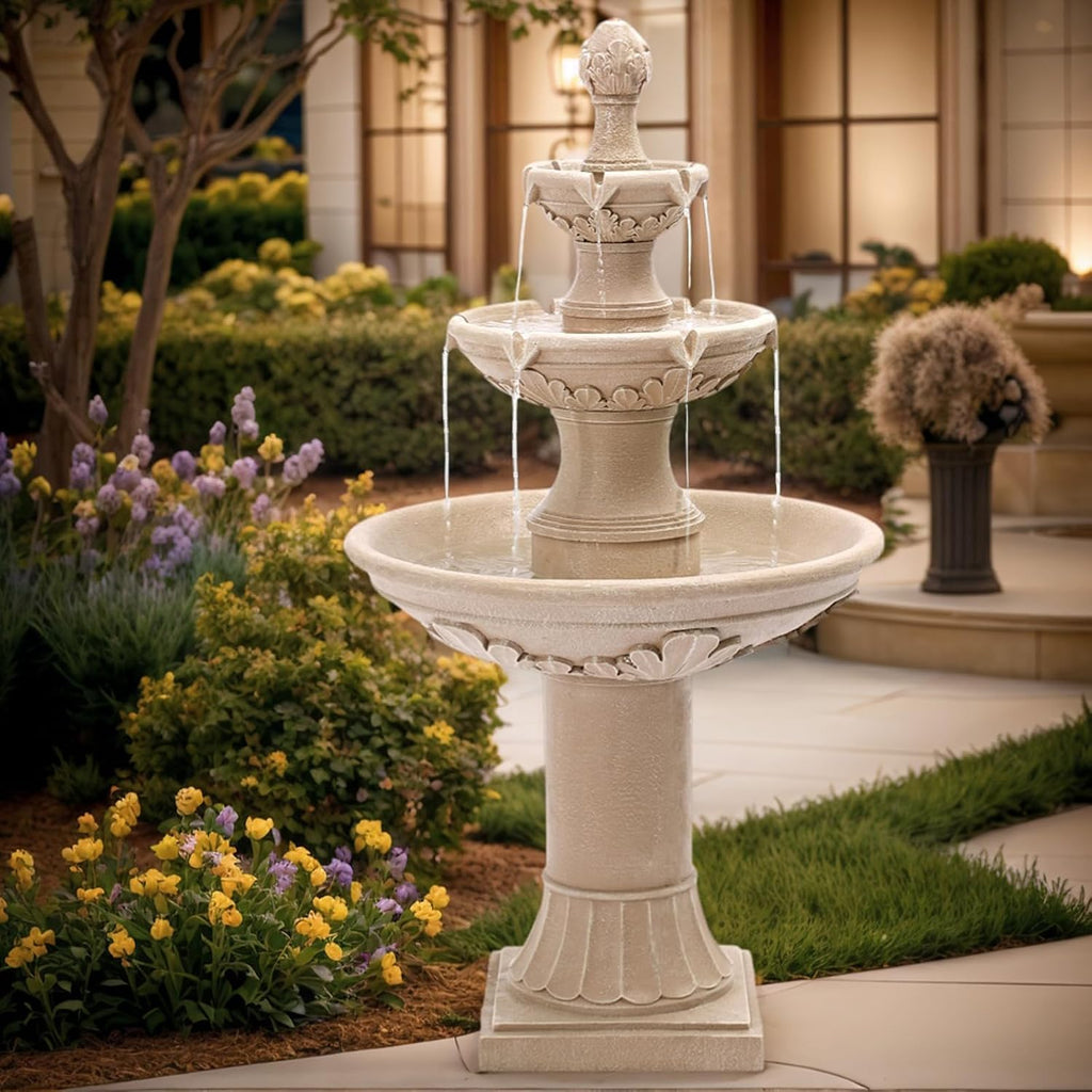 3-Tier Outdoor Water Fountain, 48.4' H Floor Backyard Garden Fountain, Water Feature Indoor with Pump, Outdoor Freestanding Waterfall Fountain, Bernini Fountain for Garden Patio Yard (Beige)