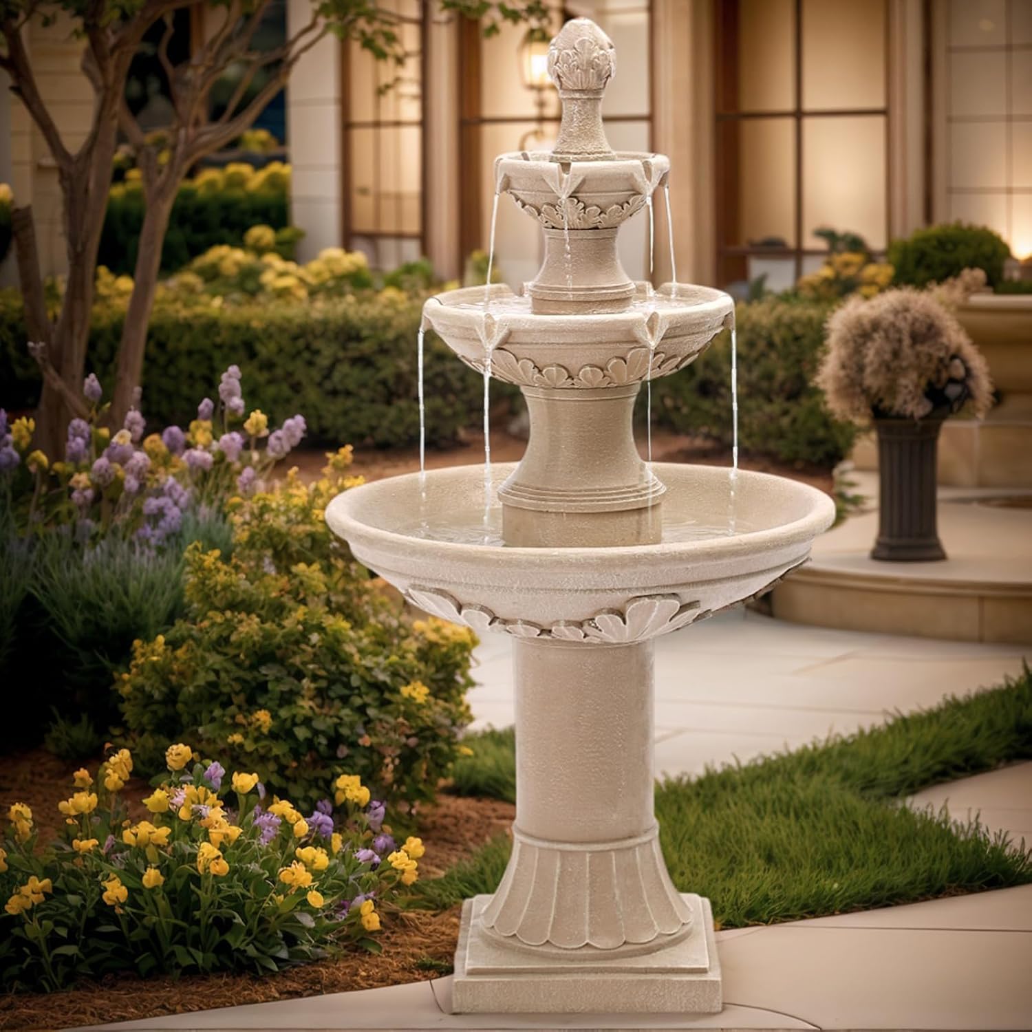 3-Tier Outdoor Water Fountain, 48.4' H Floor Backyard Garden Fountain, Water Feature Indoor with Pump, Outdoor Freestanding Waterfall Fountain, Bernini Fountain for Garden Patio Yard (Beige)