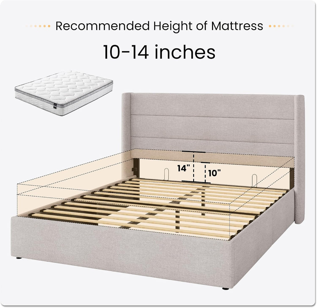 SHA CERLIN Queen Size Lift Up Storage Bed/Modern Wingback Headboard/Upholstered Platform Bed Frame/Hydraulic Storage/No Box Spring Needed/Wood Slats Support/Light Beige