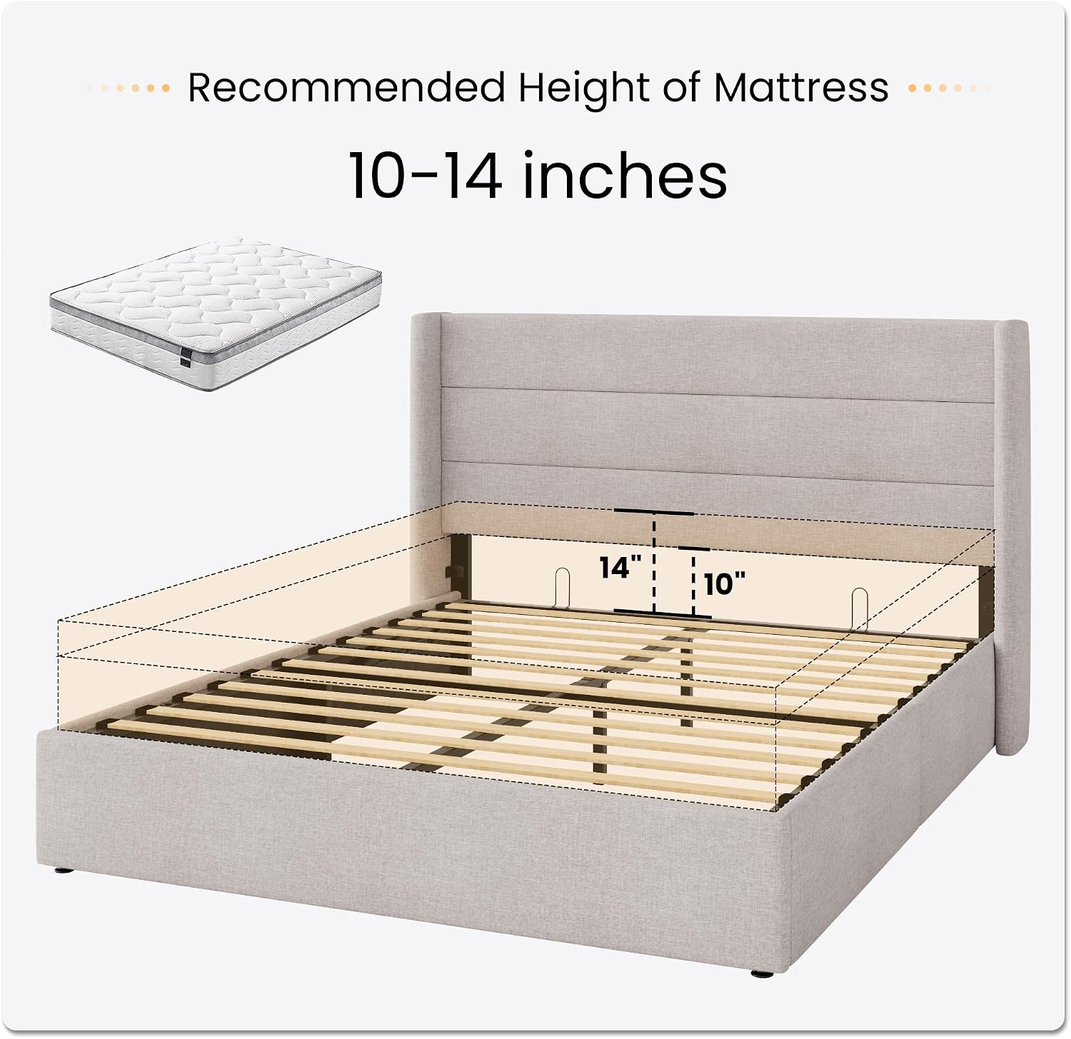 SHA CERLIN Queen Size Lift Up Storage Bed/Modern Wingback Headboard/Upholstered Platform Bed Frame/Hydraulic Storage/No Box Spring Needed/Wood Slats Support/Light Beige