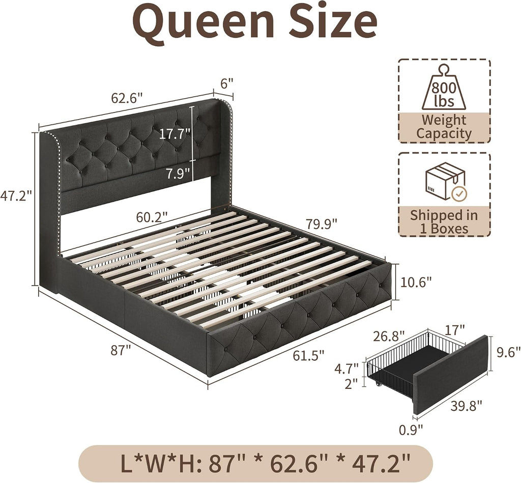 BRELTAM Queen Size Bed Frame with Storage Drawers and Wingback Headboard Linen Upholstered Platform Bed Frame Tufted Beds with Heavy Duty Wood Slats, Noise Free, Easy Assembly, Dark Grey