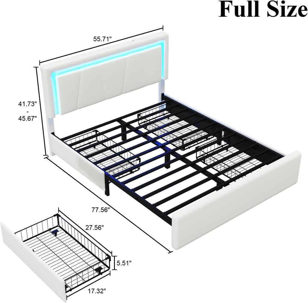 LoVinson Full Size Bed Frame with 4 Storage Drawers, Charging Station and LED Light, Adjustable Upholstered Headboard, Noise-Free, No Box Spring Needed, Easy Assembly, White