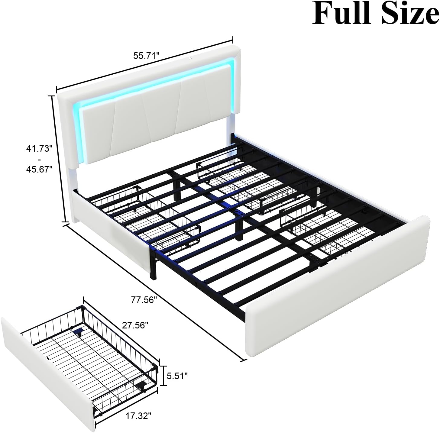 LoVinson Full Size Bed Frame with 4 Storage Drawers, Charging Station and LED Light, Adjustable Upholstered Headboard, Noise-Free, No Box Spring Needed, Easy Assembly, White
