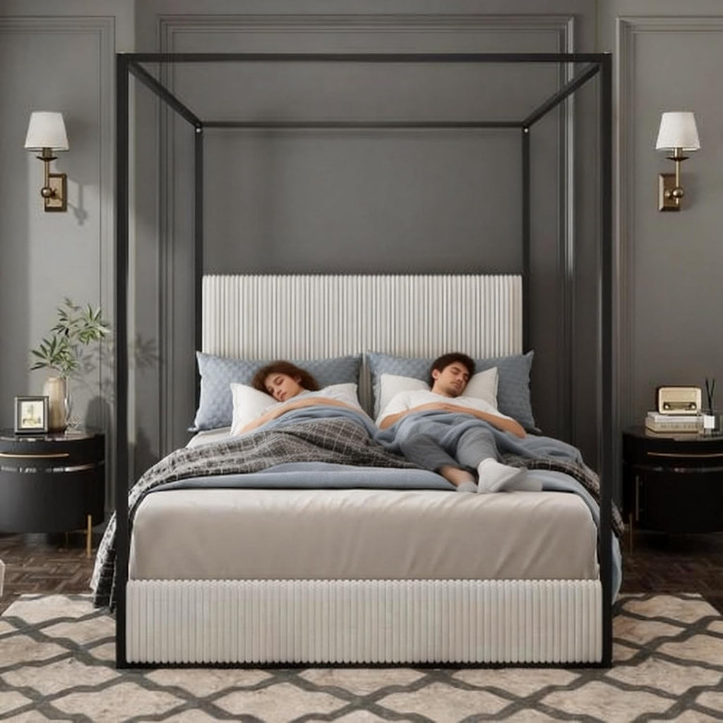 King Size Metal Canopy Bed with Tall Upholstered Channel Headboard and Gold 4 Poster, No Box Spring Needed (White+ Black, King)