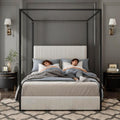 King Size Metal Canopy Bed with Tall Upholstered Channel Headboard and Gold 4 Poster, No Box Spring Needed (White+ Black, King)
