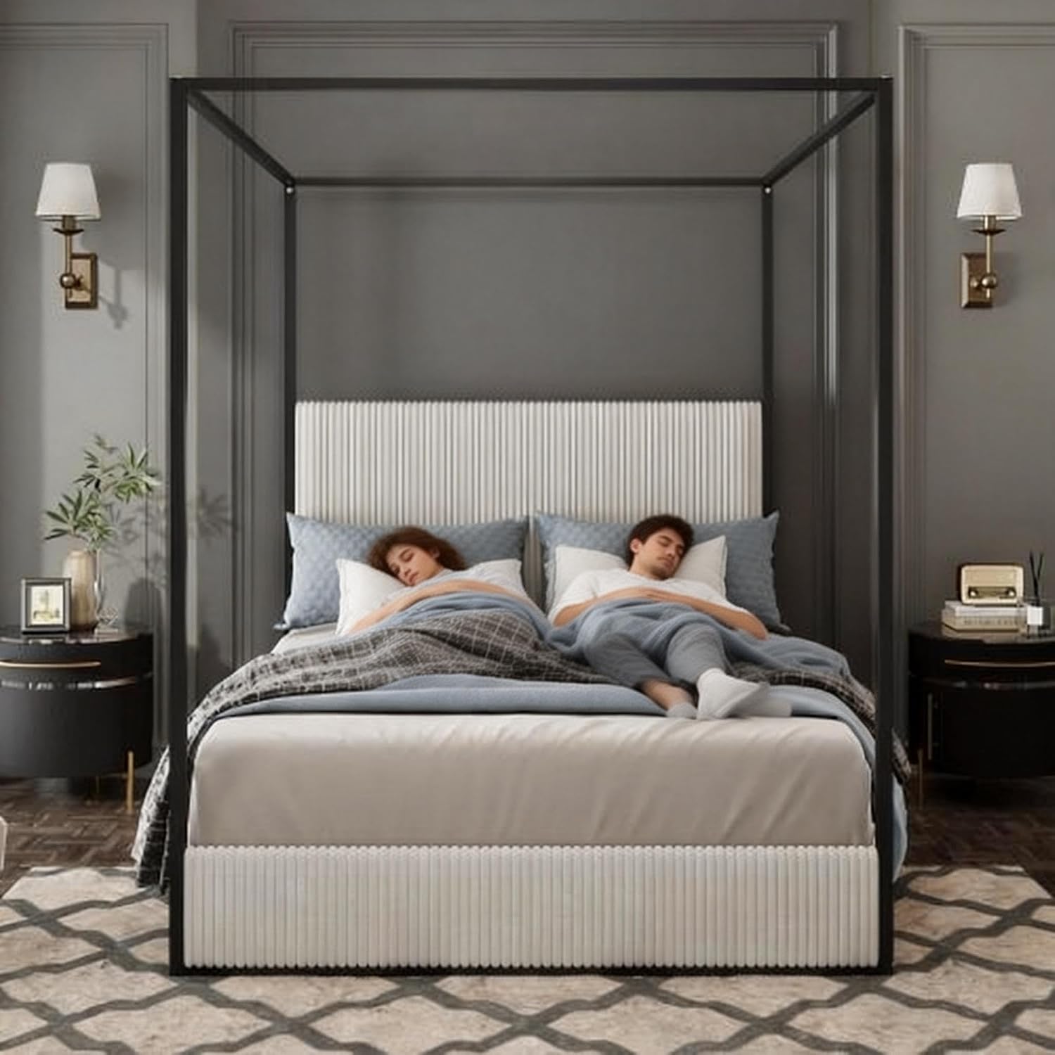 King Size Metal Canopy Bed with Tall Upholstered Channel Headboard and Gold 4 Poster, No Box Spring Needed (White+ Black, King)