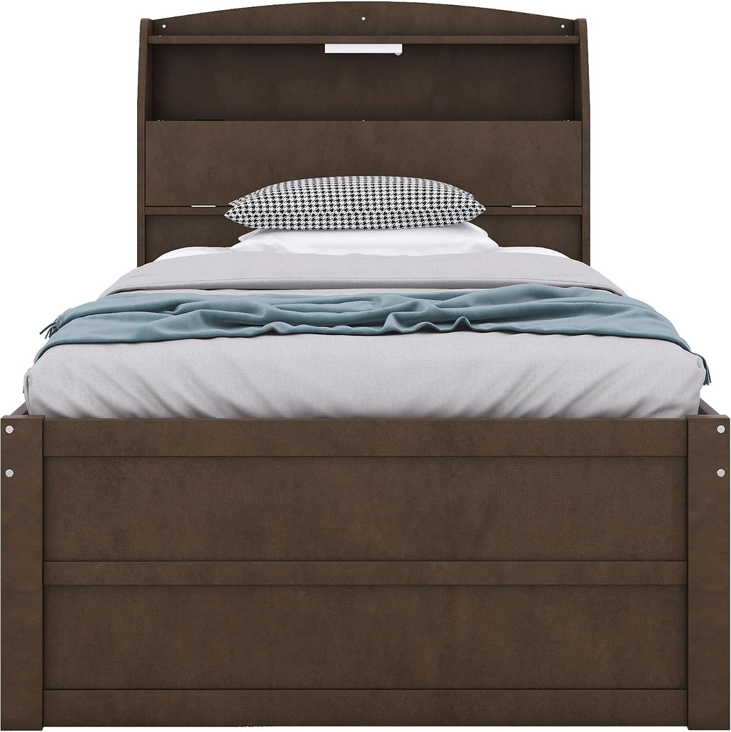 VilroCaz Modern Multi-Function Twin Size Platform Bed with Trundle and 3 Drawers, Wood Captain Platform Bed Frame with Storage Headboard and Night Light, Maximized Space