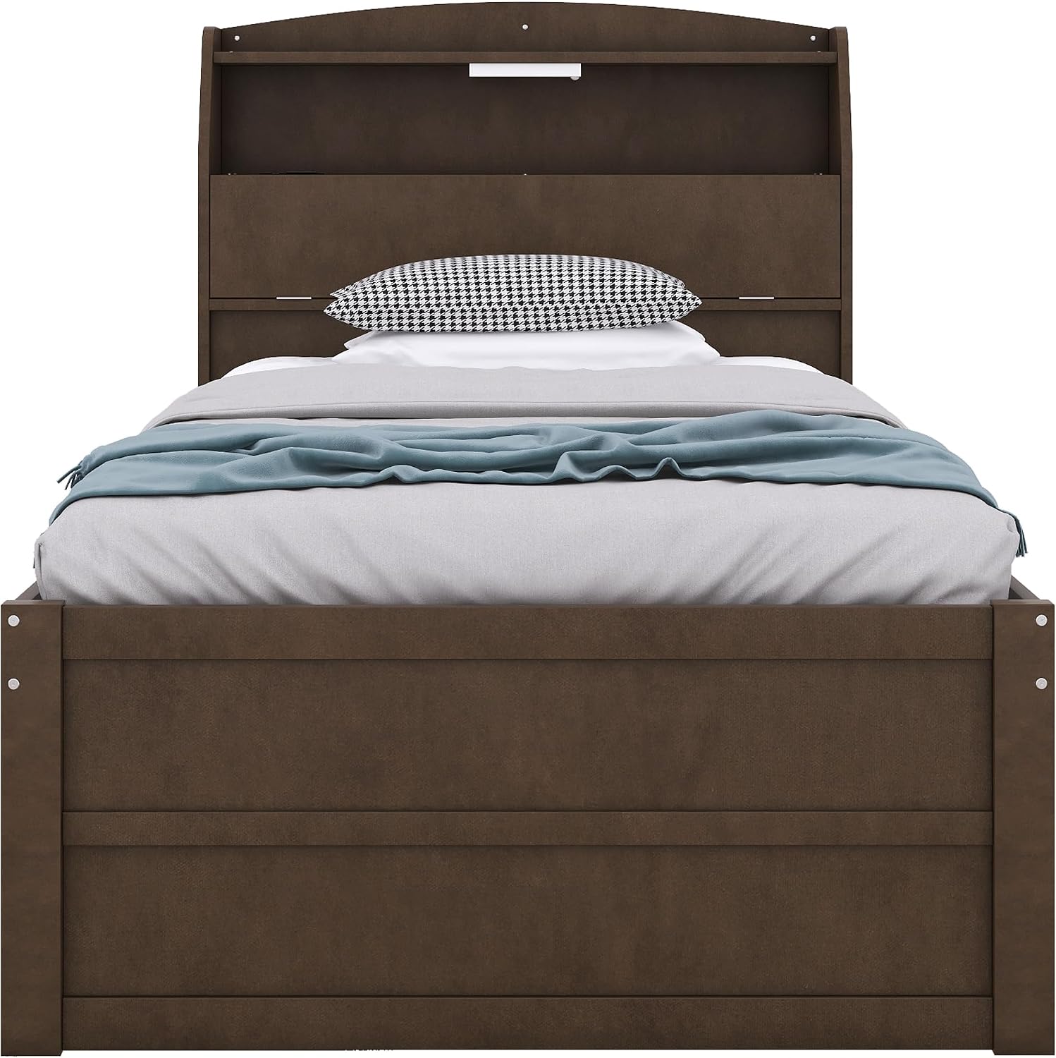 VilroCaz Modern Multi-Function Twin Size Platform Bed with Trundle and 3 Drawers, Wood Captain Platform Bed Frame with Storage Headboard and Night Light, Maximized Space
