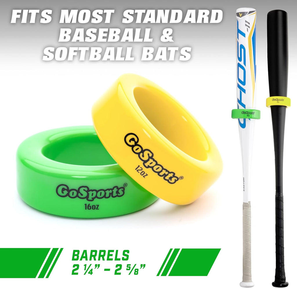 GoSports Baseball and Softball Bat Weights - 2 Pack Baseball Donuts - 16 oz & 12 oz