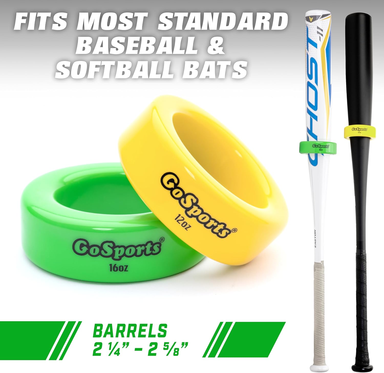 GoSports Baseball and Softball Bat Weights - 2 Pack Baseball Donuts - 16 oz & 12 oz