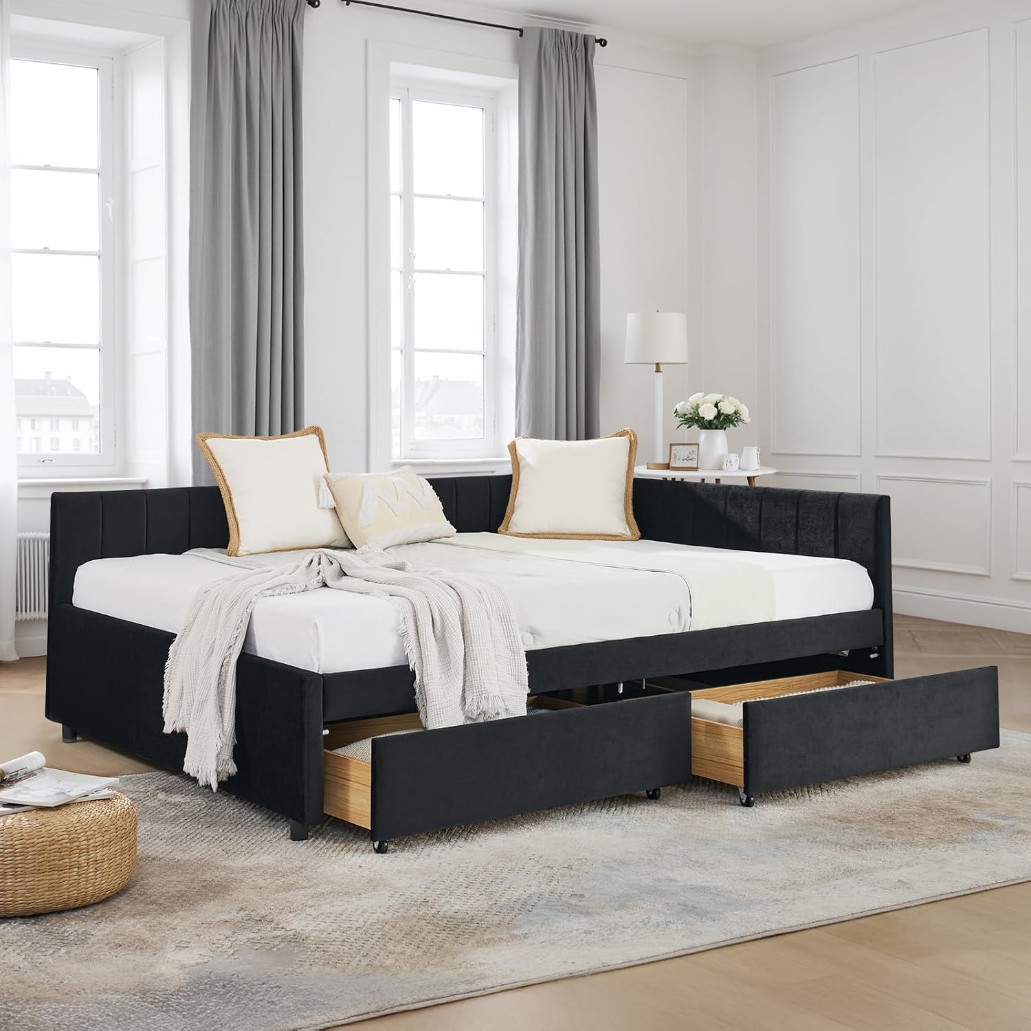 Daybed with Storage Drawers,Full Size Daybed with Stripes,Velvet L-Shaped Corner Bed Frame,Wood Day Bed Frame,Upholstered Sofa Bed for Living Room/Bedroom/Guest Room,No Box Spring Needed,Black