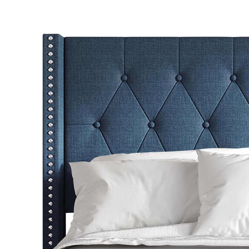 Queen Button Tufted Wingback Linen Upholstered Bed, Blue