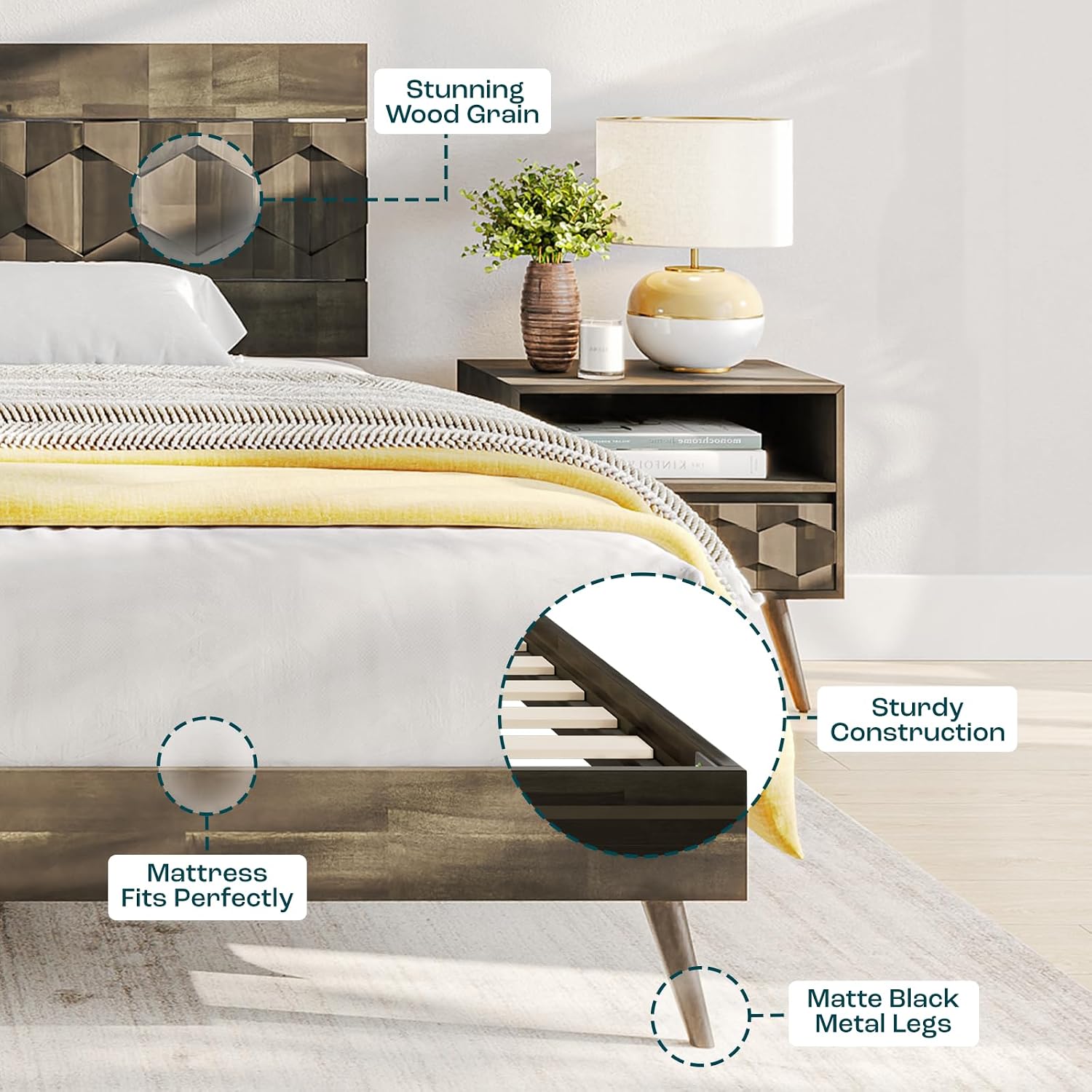 Bme Georgina Signature Mocha Bed Frame, Queen Bed Frame and Headboard Handcrafted Geometric, Mid Century Modern, Solid Acacia Wood, No Box Spring Needed, 12 Strong Wood Slats Support, Easy Assembly