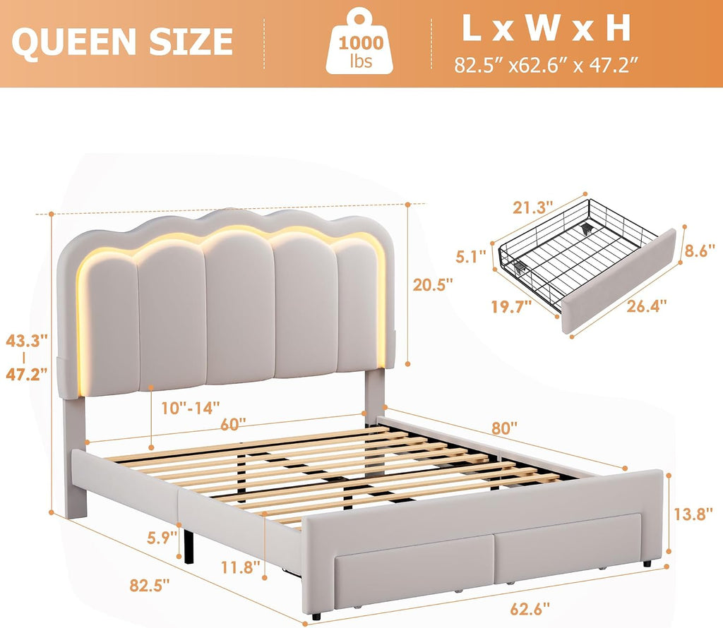 Velvet Upholstered Queen LED Bed Frame with 2 Storage Drawers and Adjustable Chic Double Wavy Headboard, Princess Platform Bed with Charing Station, Solid Wood Slats Support,No Box Spring Needed,Grey