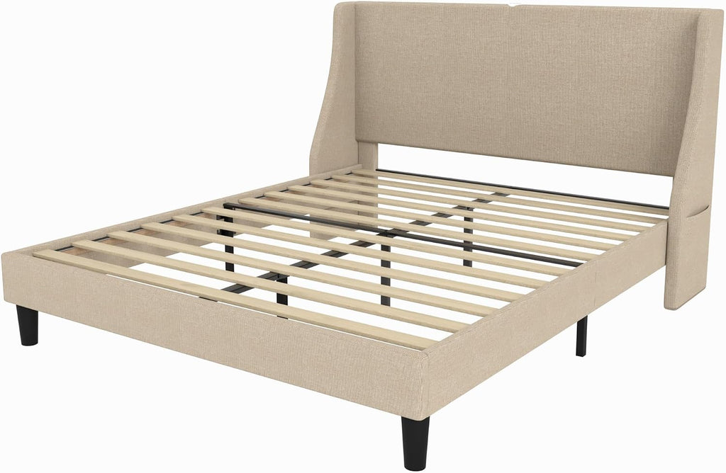 VECELO Queen Bed Frame with Upholstered Wingback Headboard, Heavy-Duty Platform Bedframe with Charging Station & Side Pockets, No Box Spring Needed, Beige