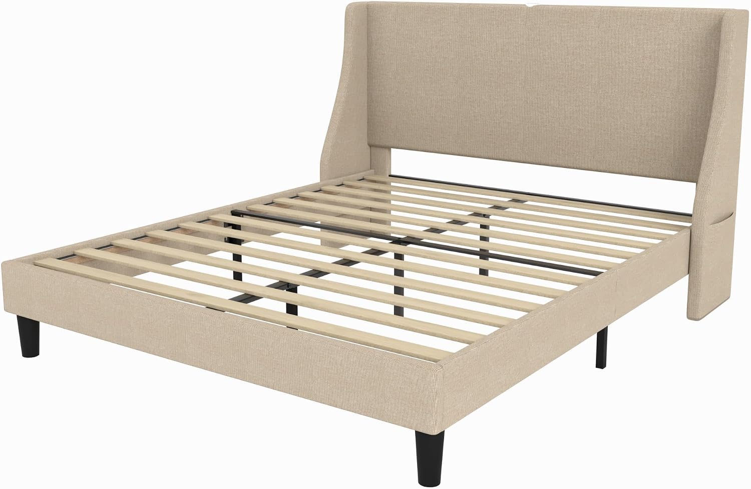 VECELO Queen Bed Frame with Upholstered Wingback Headboard, Heavy-Duty Platform Bedframe with Charging Station & Side Pockets, No Box Spring Needed, Beige