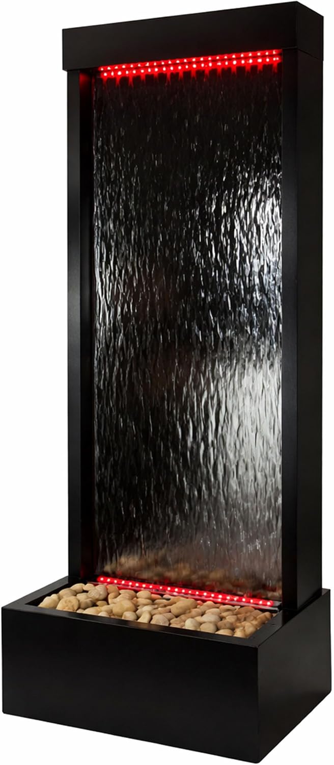 Alpine Corporation MLT174S‑MC Waterfall Fountain – Plug in Indoor Fountain with Black‑Framed Glass, Cascading Water, Floor Feature & Multi‑Color LED Lights, 48'