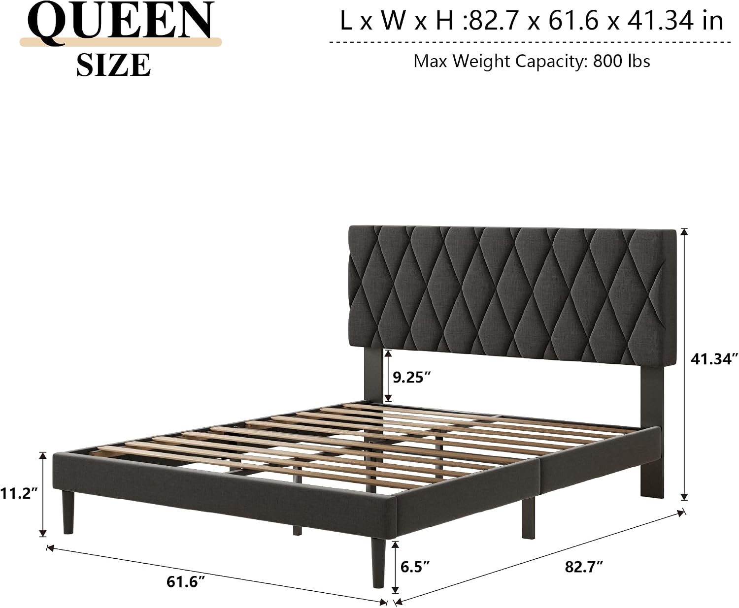 CXVX Queen Size Bed Frame with Diamond Tufted Headboard, Linen Upholstered Platform Bed and Wooden Slat Support, Noise-Free, No Box Spring Needed, Easy Assembly, Dark Grey
