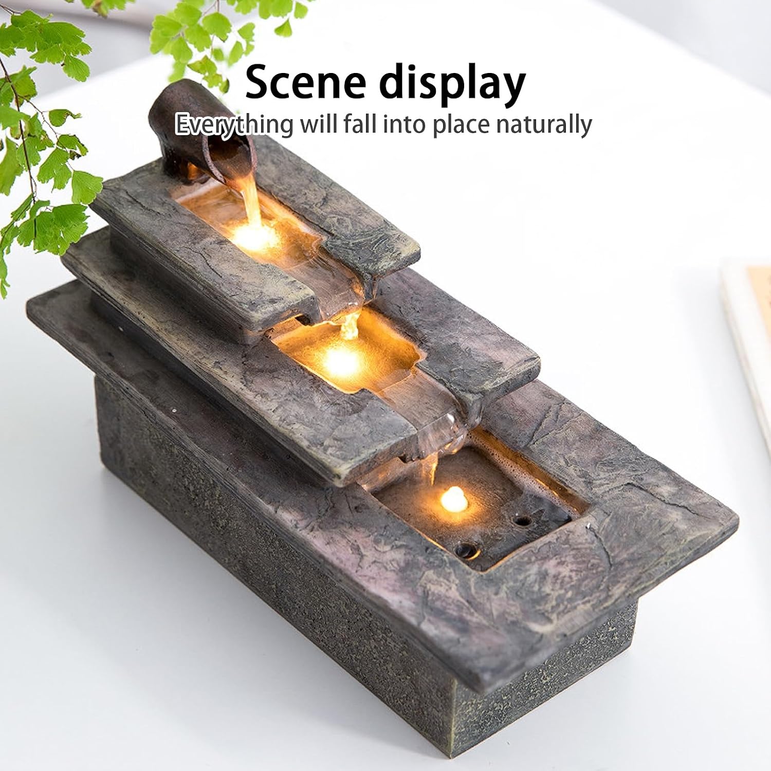 Tabletop Water Fountain, Resin, LED Light, Quiet Pump, Feng Shui, Desktop Waterfall, Cascading Feature, Zen Meditation, for Home Office Living Room Bedroom(A,10.8 * 5.5 * 6.8IN)