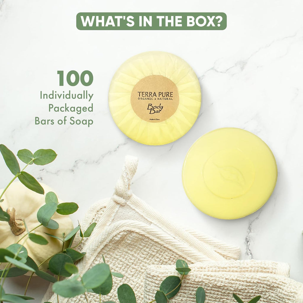 Terra Pure White Tea and Coconut | 300 pcs 1oz Shampoo and Conditioner, Body Wash, Lotion, 1.25oz Cleansing Bar and 100 pcs Bar Soap