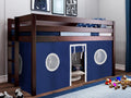 Jackpot! Contemporary Low Loft Twin Bed with End Ladder, Cherry with Blue & White Tent