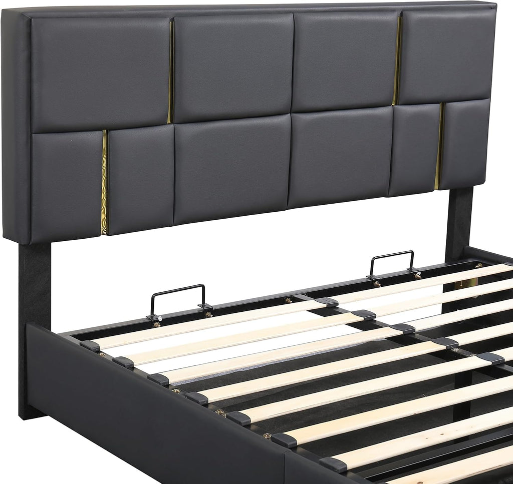2 Pieces Bedroom Sets, Queen Size Velvet Upholstered Platform Bed with Hydraulic Storage System and Gold Decoration, Storage Ottoman with Metal Legs, Modern Design (Black)