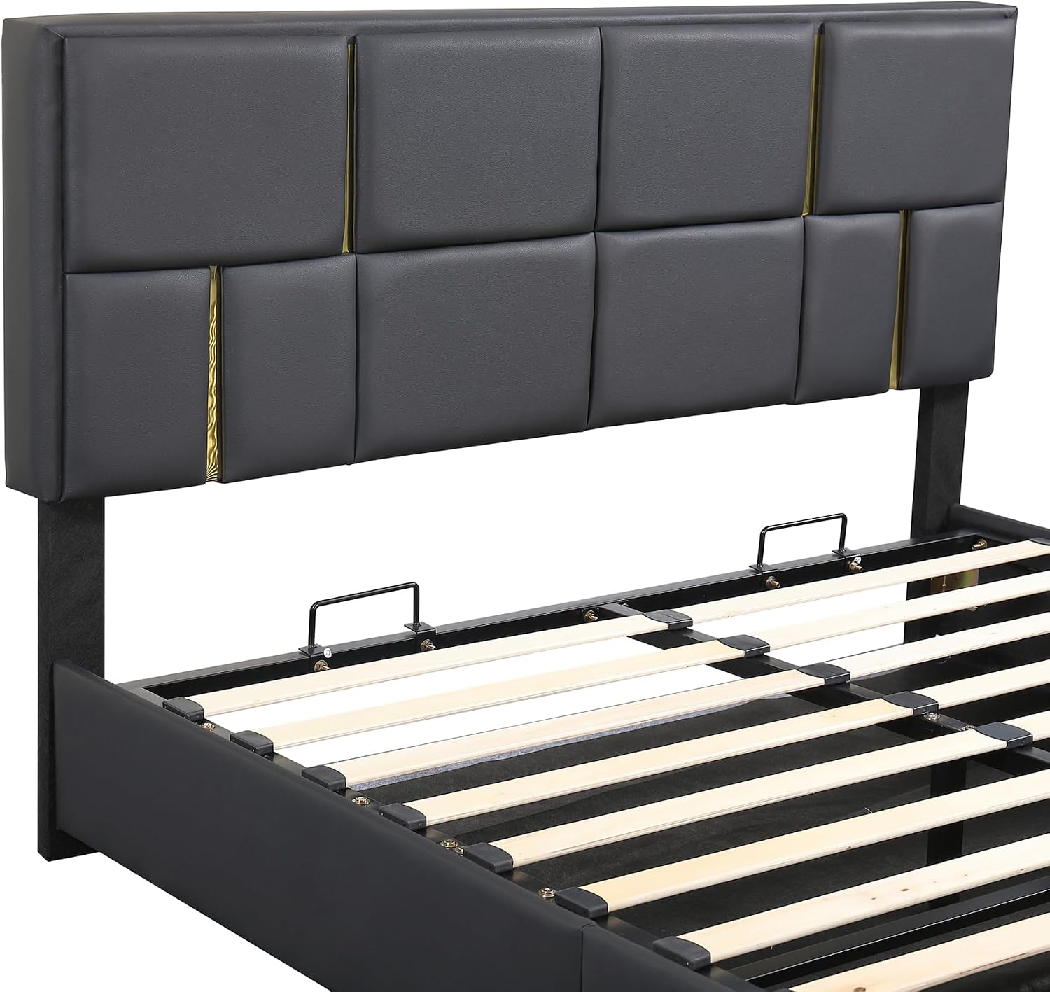 2 Pieces Bedroom Sets, Queen Size Velvet Upholstered Platform Bed with Hydraulic Storage System and Gold Decoration, Storage Ottoman with Metal Legs, Modern Design (Black)
