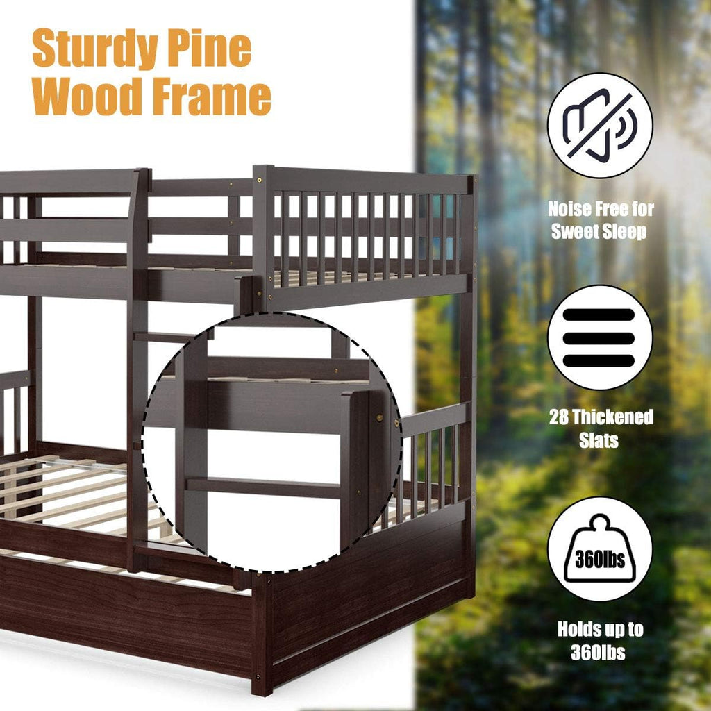 KOMFOTT Wood Full Over Full Bunk Bed with Trundle, Full Bed Frame with Ladder, Solid Wood Frame & Safety Guardrails, Space-Saving Bunk Bed for Teens & Adults, No Box Spring Needed