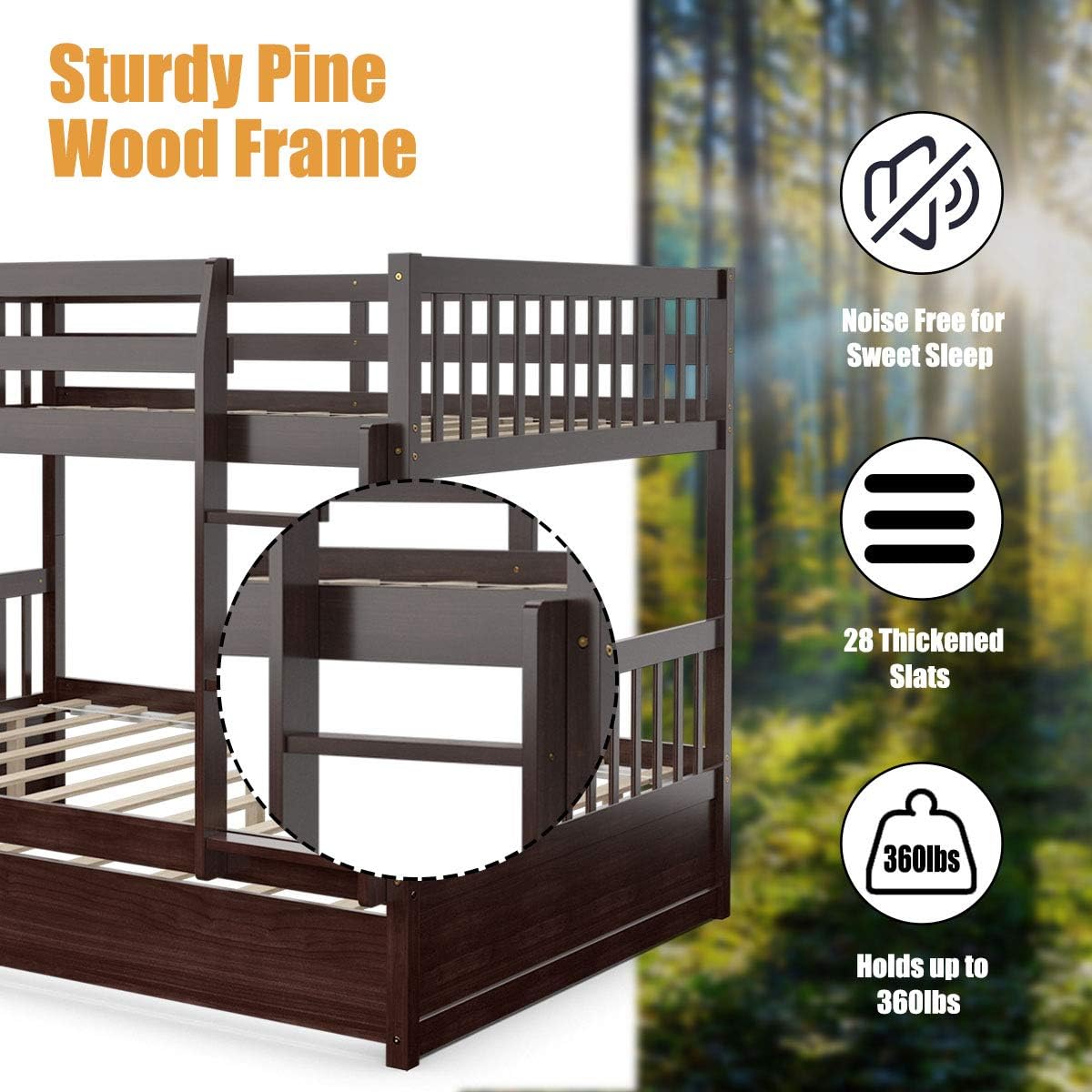 KOMFOTT Wood Full Over Full Bunk Bed with Trundle, Full Bed Frame with Ladder, Solid Wood Frame & Safety Guardrails, Space-Saving Bunk Bed for Teens & Adults, No Box Spring Needed