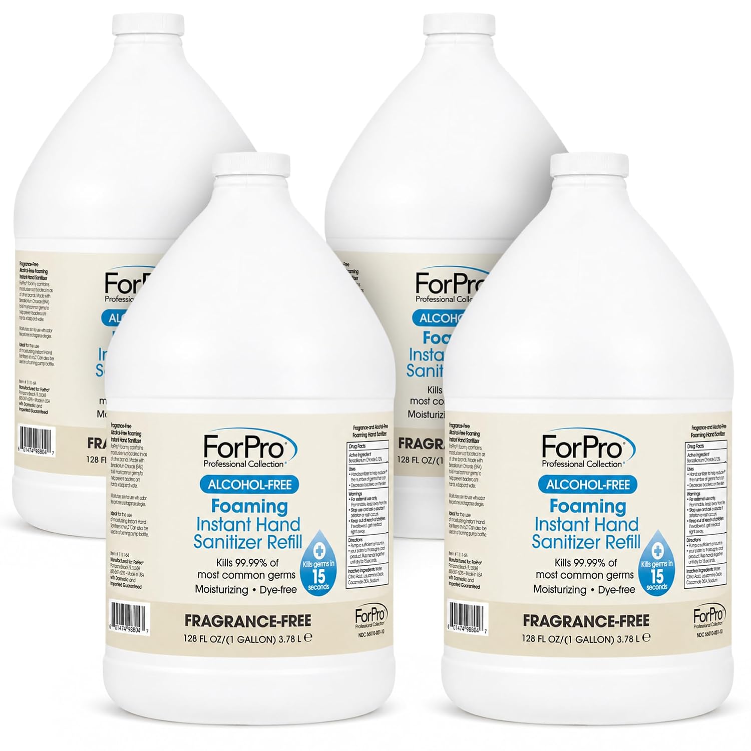 ForPro Alcohol-Free Foaming Instant Hand Sanitizer, Moisturizing, Dye-Free Formula, Fragrance Free, 1 Gallon Refill (Pack of 4)