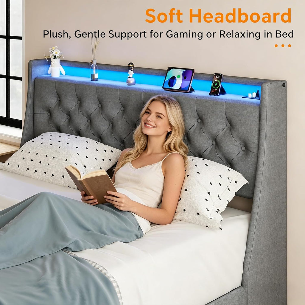 SADENICEL Queen Bed Frame with Storage Headboard and 2 Drawer, Metal Queen Size Bed Frame Platform with LED Light, Charging Station, No Box Spring Needed, Noise Free, Easy Assembly, Grey