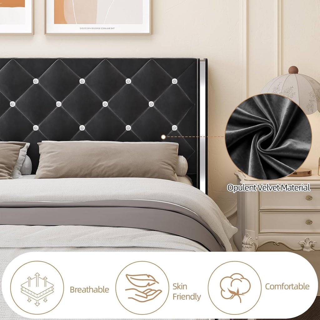 Twin Bed Frame with Headboard, Upholstered Platform Twin Bed Frames with Diamond Tufted Wingback Headboard, 600lbs Heavy Duty Support, Sliver Metal Edge Accents, No Box Spring Needed, Black Velvet