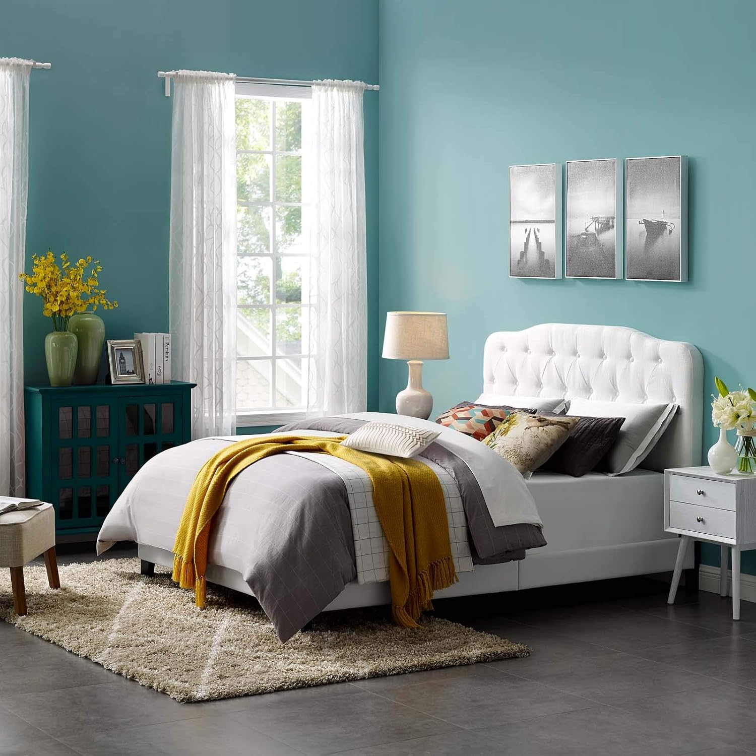 Modway Amelia Tufted Fabric Upholstered King Platform Bed in White