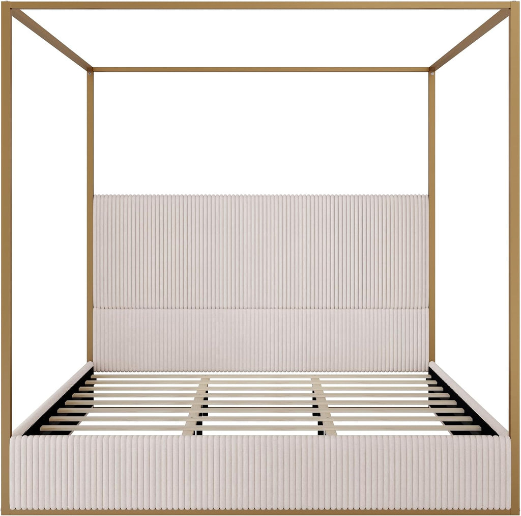 King Size Metal Canopy Bed with Tall Upholstered Channel Headboard and Gold 4 Poster, No Box Spring Needed (Beige+Gold, King)