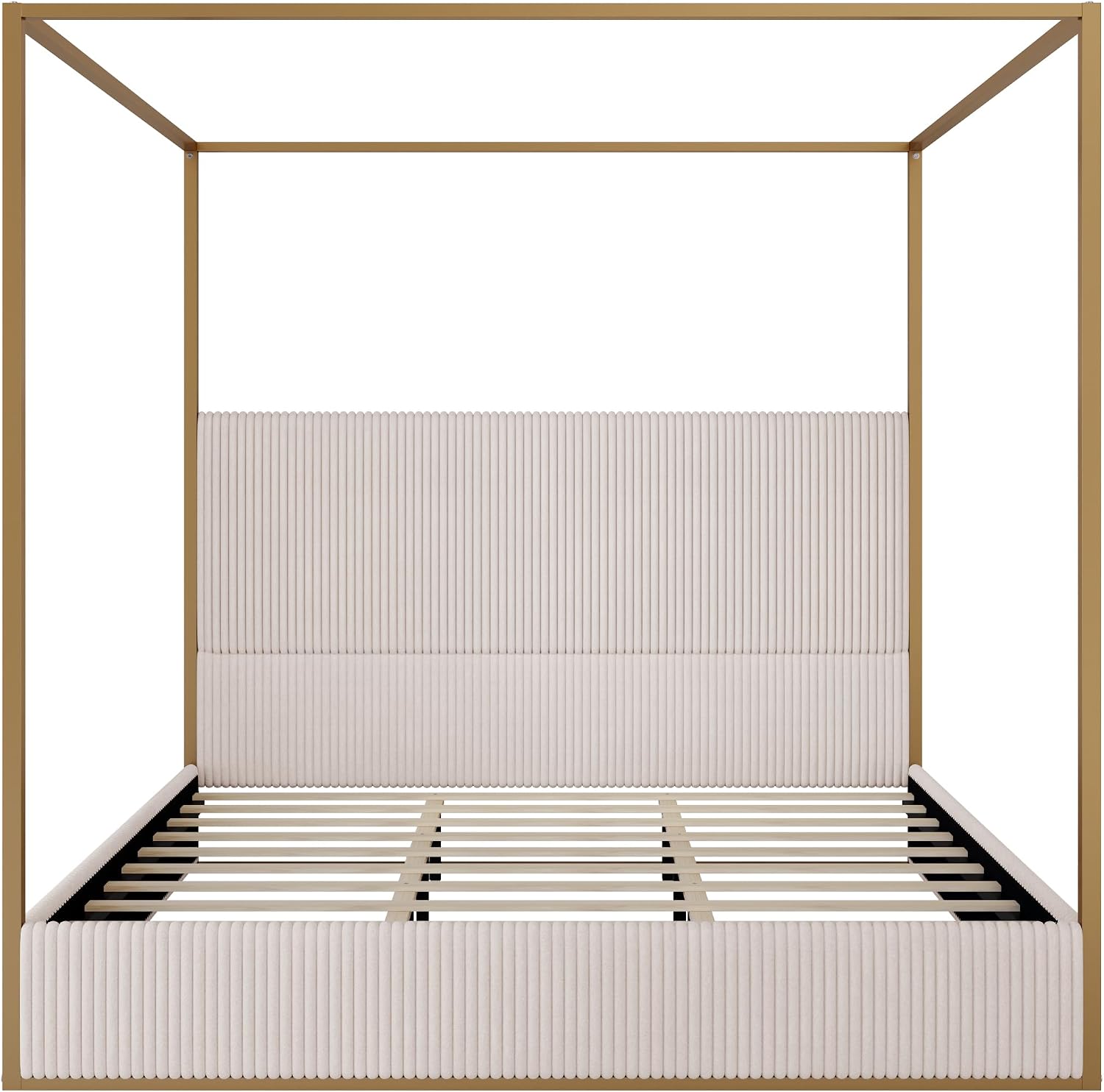 King Size Metal Canopy Bed with Tall Upholstered Channel Headboard and Gold 4 Poster, No Box Spring Needed (Beige+Gold, King)