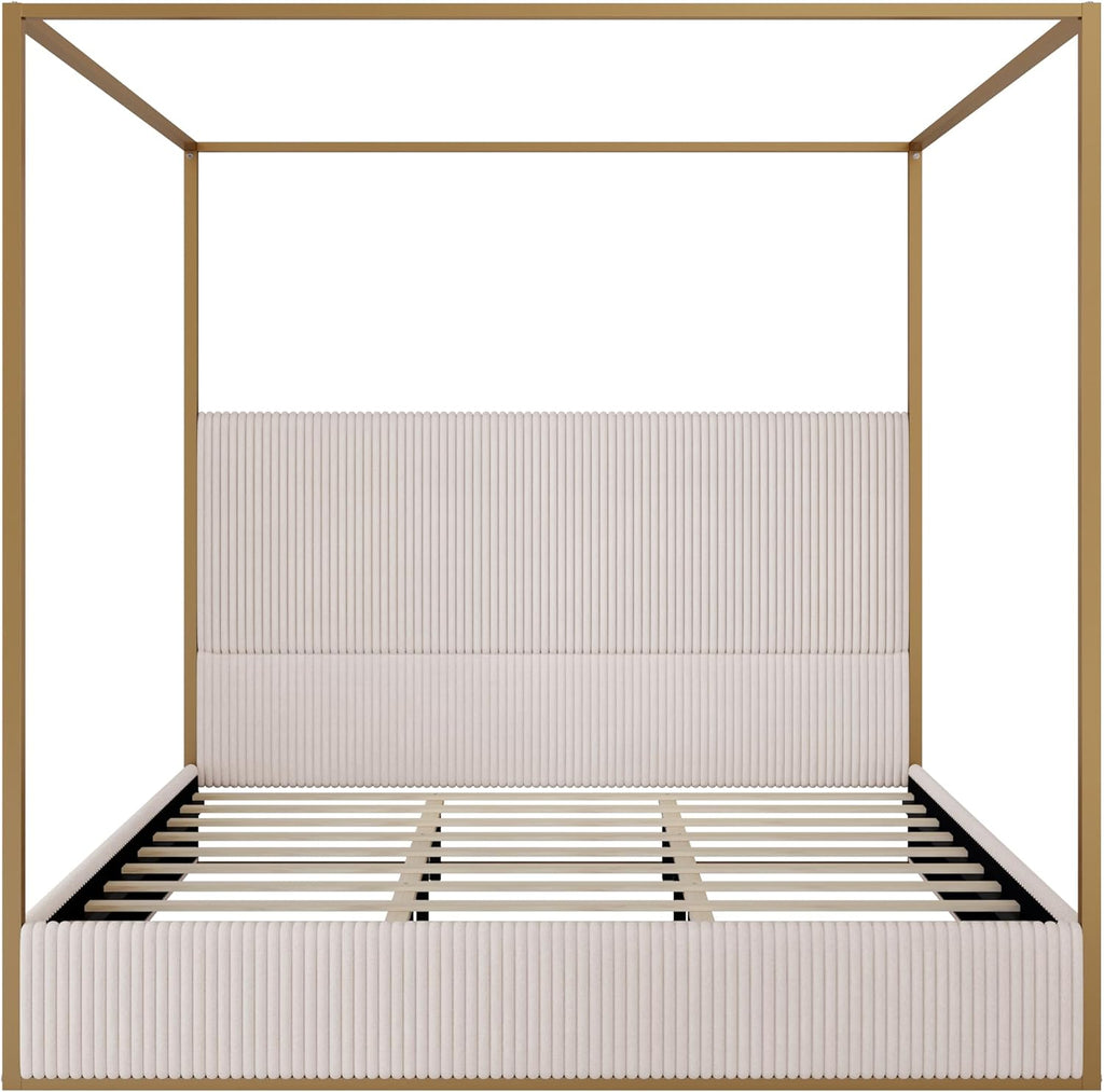 King Size Canopy Bed with Tall Upholstered Channel Headboard, Metal 4 Poster Upholstered Bed, No Box Spring Needed (Gold + Beige, King)