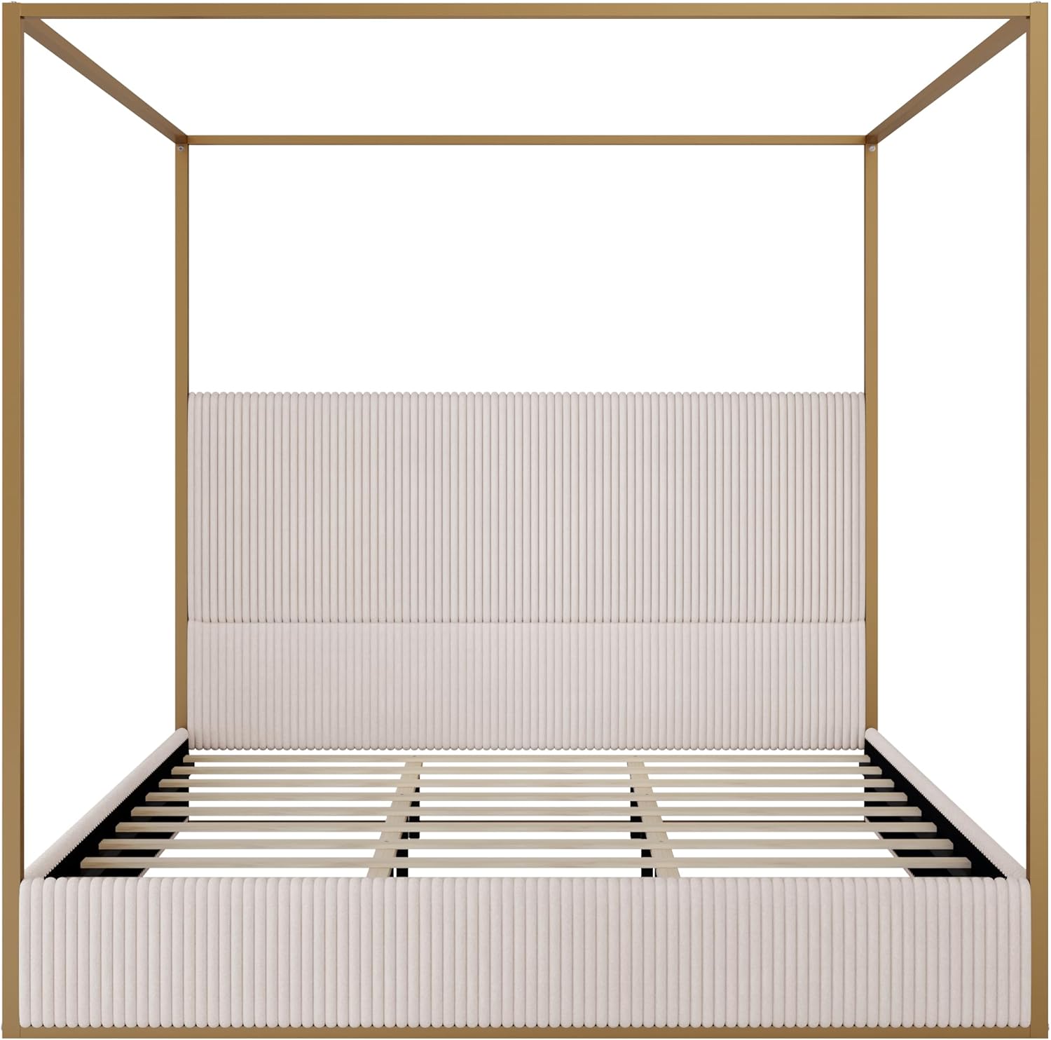 King Size Canopy Bed with Tall Upholstered Channel Headboard, Metal 4 Poster Upholstered Bed, No Box Spring Needed (Gold + Beige, King)