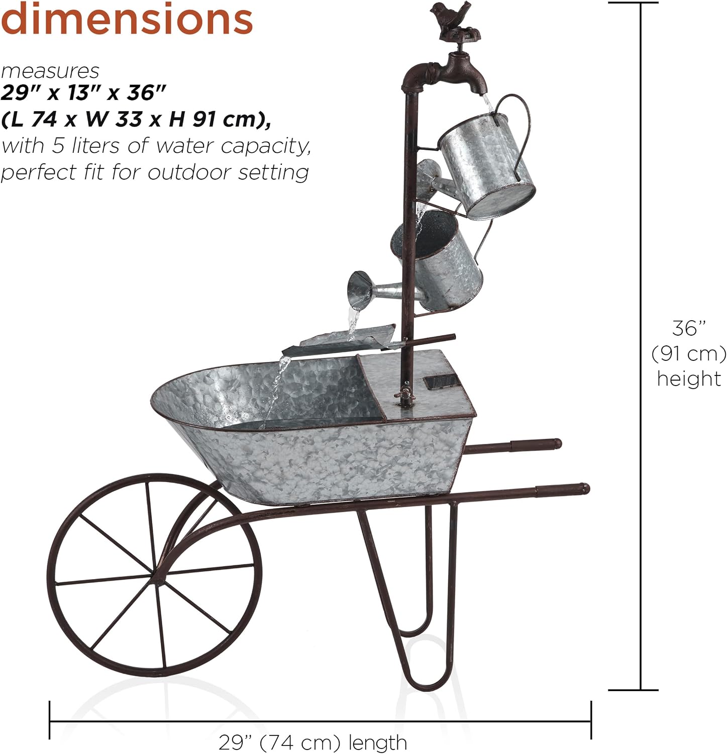 Alpine Corporation MCC574 Outdoor Floor Galvanized Shovel Pitcher Bucket Fountain, 41' Vintage Garden Water Feature, Patio & Backyard Décor, Gray